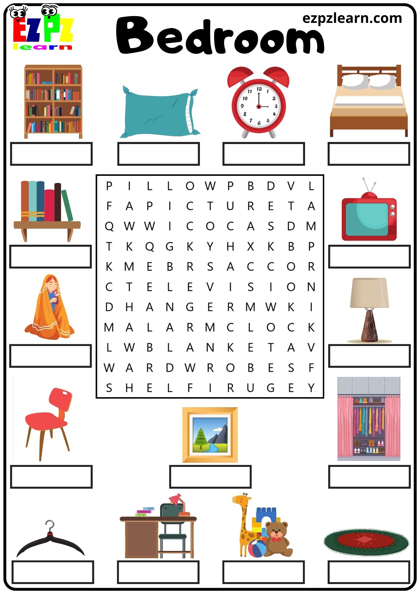 Bedroom Vocabulary Word Search and Write the Words Kids Activity